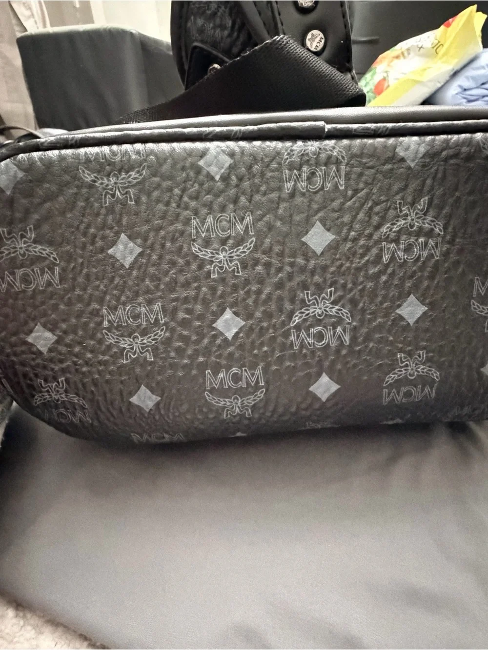 MCM Black Logo Backpack with Colorful Bunny Patch